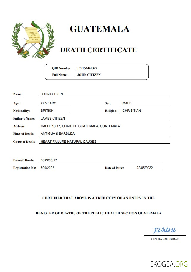 Modèle Word et PDF de certificat de décès du Guatemala